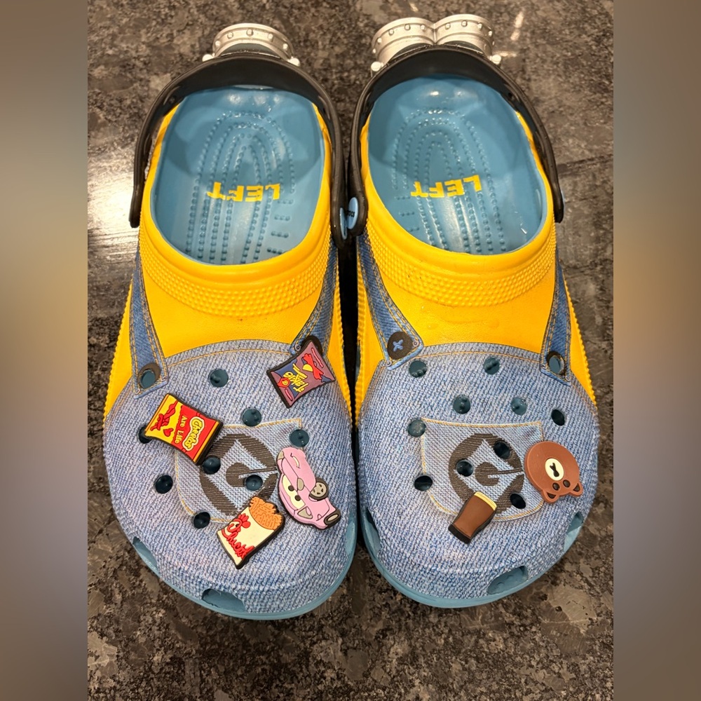 Yellow and Blue Minion Crocswith Fun Charms, adult 10/12 size
